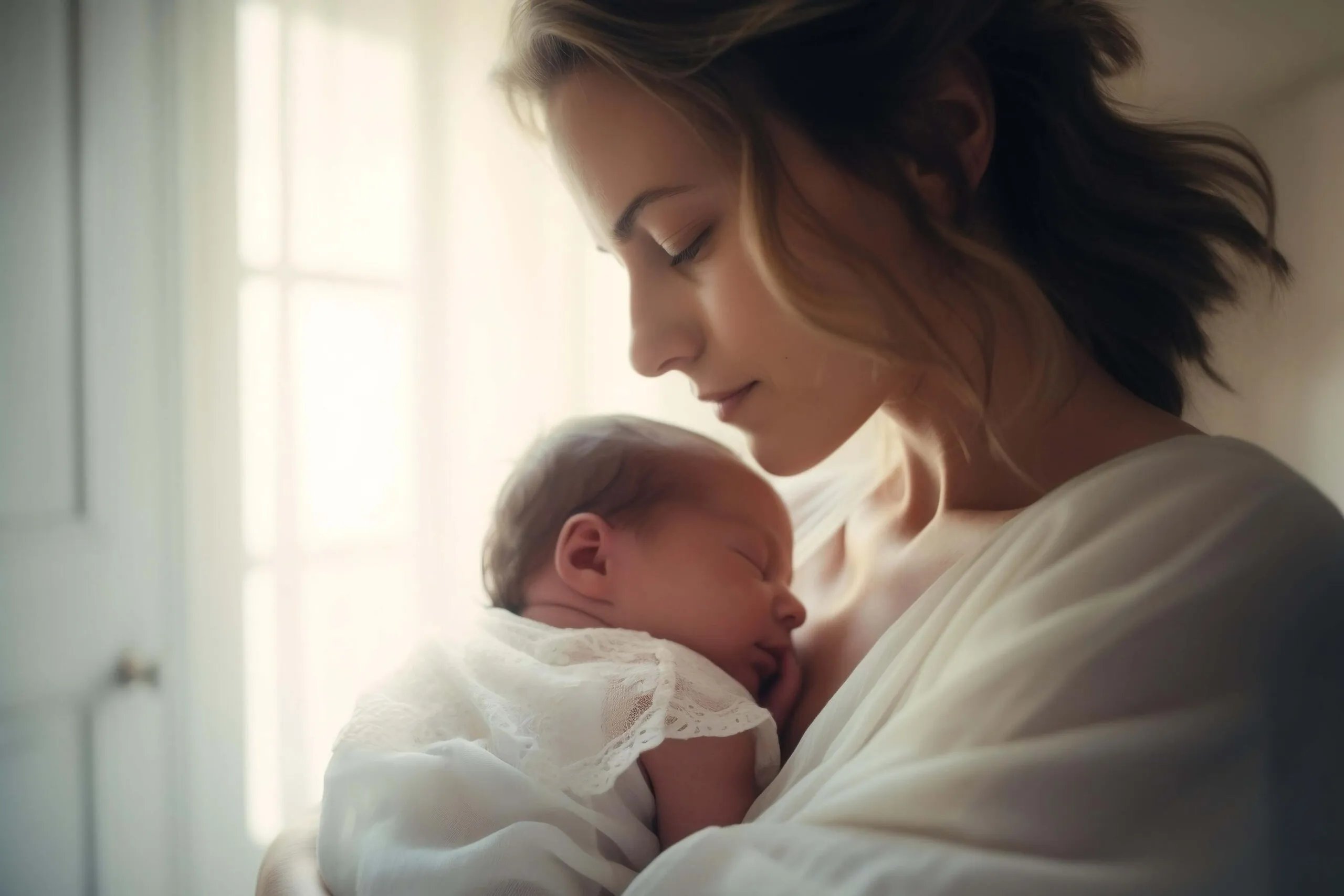 A mother gently holding her newborn by a sunlit window
